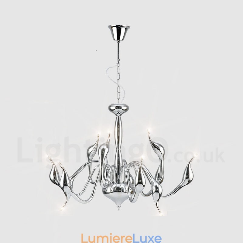Lustre moderne à 12 lampes en métal chromé en forme de cygne