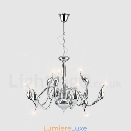 Lustre moderne à 12 lampes en métal chromé en forme de cygne Lustre moderne à 12 lampes en métal chromé en forme de cygne