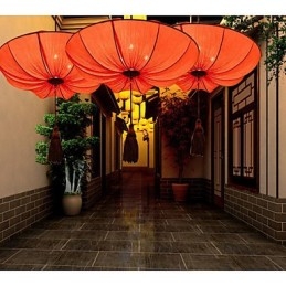 Lustre créatif rond en tissu rouge avec feuille de lotus, idéal pour un mariage, un festival ou un festival