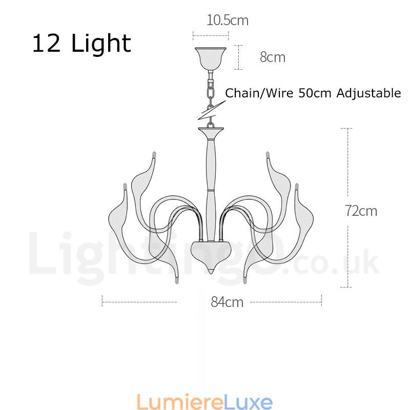 Lustre moderne à 12 lampes en métal chromé en forme de cygne