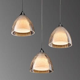 Suspension à 3 lampes à deux niveaux en verre craquelé et chrome poli