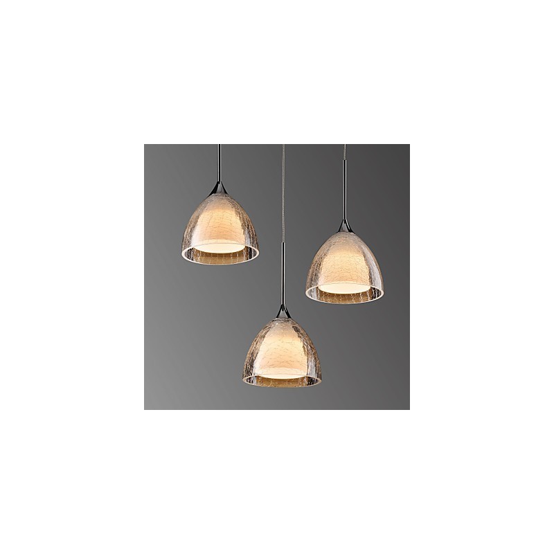 Suspension à 3 lampes à deux niveaux en verre craquelé et chrome poli