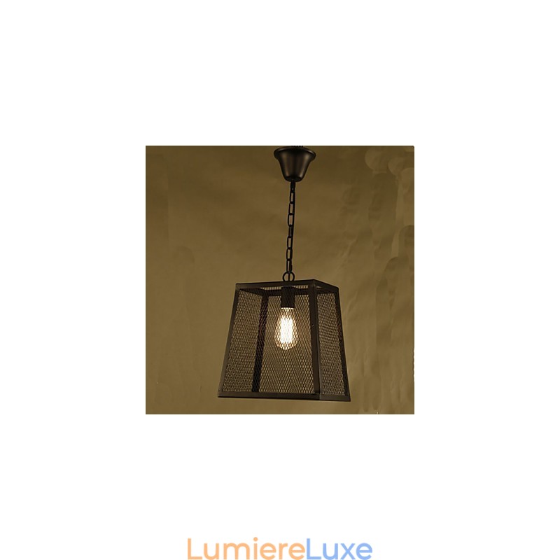 Lustre rétro industriel en fer forgé avec couvercle en filet