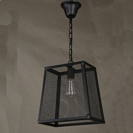 Lustre rétro industriel en fer forgé avec couvercle en filet