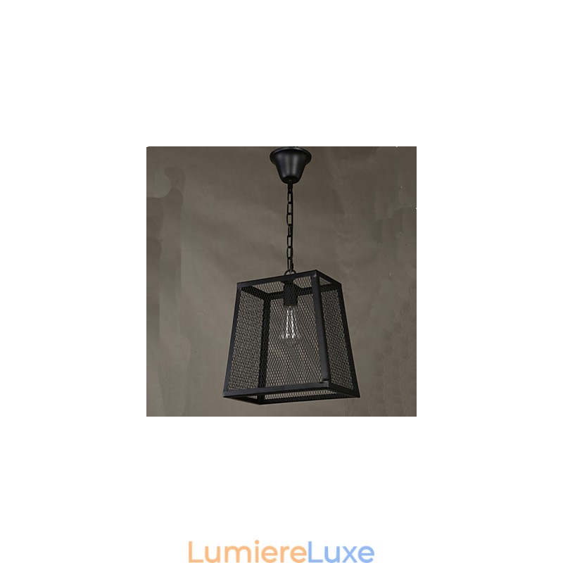 Lustre rétro industriel en fer forgé avec couvercle en filet