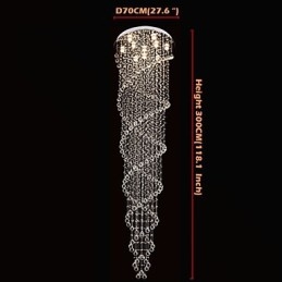 Lustre de plafond, luminaires suspendus avec cristal K9, double spirale, diamètre 70 cm, hauteur 300 cm