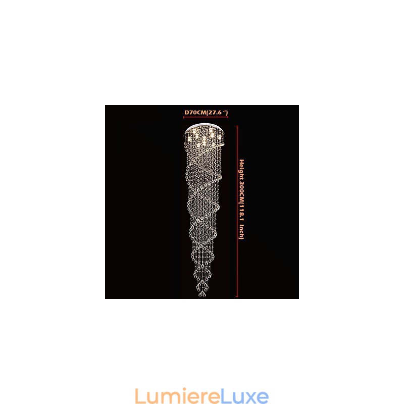 Lustre de plafond, luminaires suspendus avec cristal K9, double spirale, diamètre 70 cm, hauteur 300 cm
