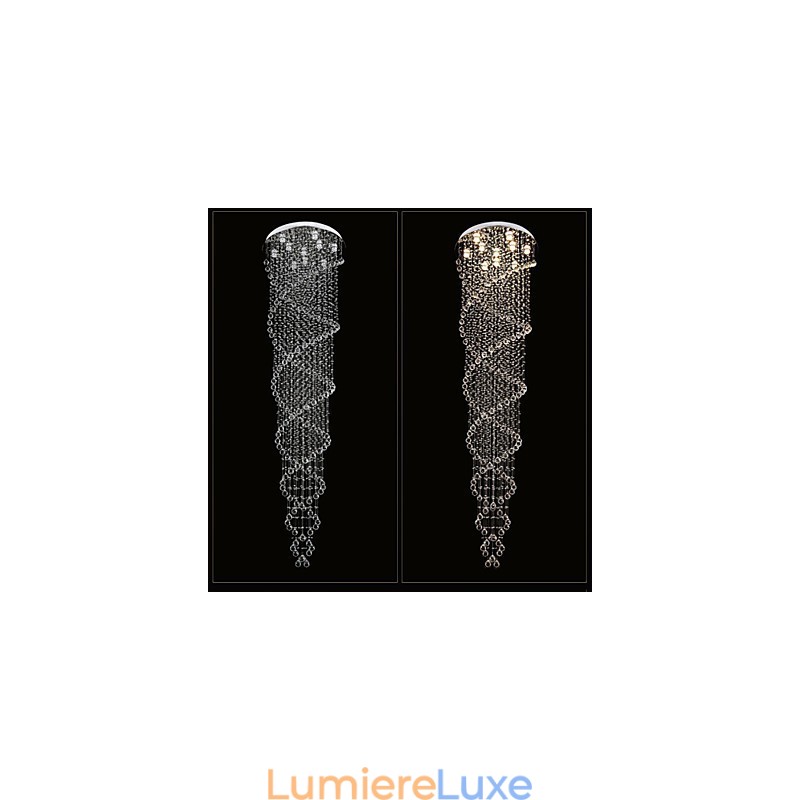 Lustre de plafond, luminaires suspendus avec cristal K9, double spirale, diamètre 70 cm, hauteur 300 cm