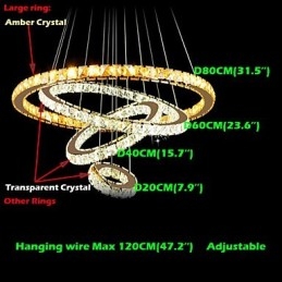 Lampes suspendues Plafonnier Lustre Éclairage Rond 4 Anneaux Grand Anneau Cristal Ambré et Autre Cristal Clair