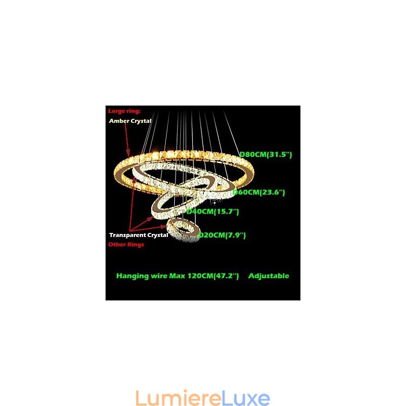 Lampes suspendues Plafonnier Lustre Éclairage Rond 4 Anneaux Grand Anneau Cristal Ambré et Autre Cristal Clair