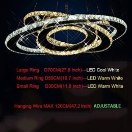 Lustre suspendu en cristal avec 3 anneaux blancs chauds et froids