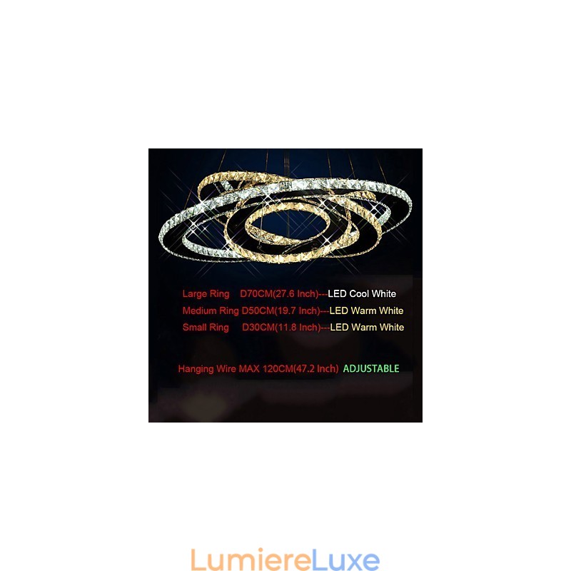 Lustre suspendu en cristal avec 3 anneaux blancs chauds et froids