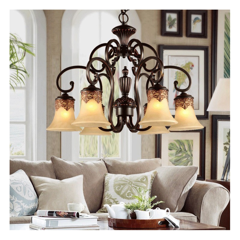 Lustre suspendu 6 lumières vintage Country Island en métal et verre