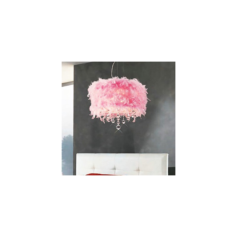 Suspension en cristal à 5 lumières avec abat-jour en plumes roses