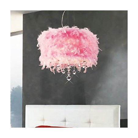 Suspension en cristal à 5 lumières avec abat-jour en plumes roses Suspension en cristal à 5 lumières avec abat-jour en plumes roses