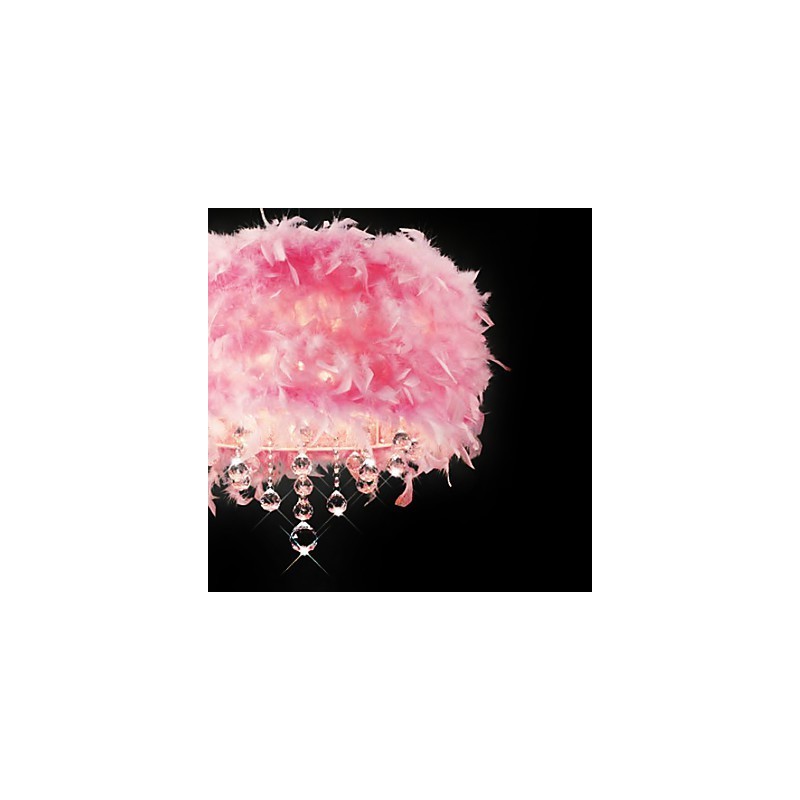Suspension en cristal à 5 lumières avec abat-jour en plumes roses