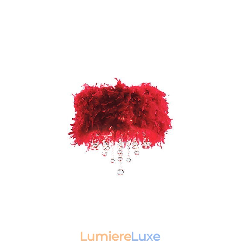 Suspension en cristal à 3 lumières avec abat-jour en plumes rouges