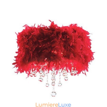 Suspension en cristal à 3 lumières avec abat-jour en plumes rouges Suspension en cristal à 3 lumières avec abat-jour en plumes rouges