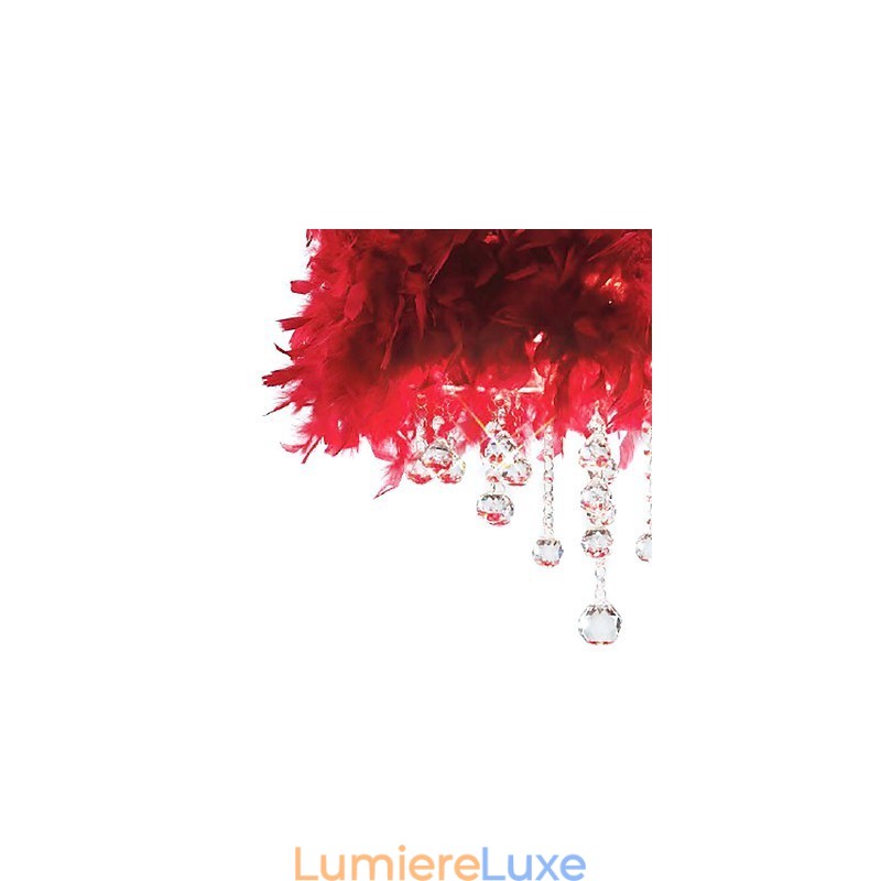 Suspension en cristal à 3 lumières avec abat-jour en plumes rouges