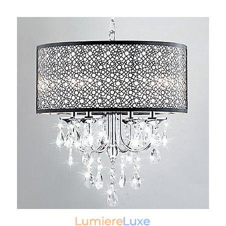 Suspension moderne à 4 lumières avec gouttes de cristal Suspension moderne à 4 lumières avec gouttes de cristal