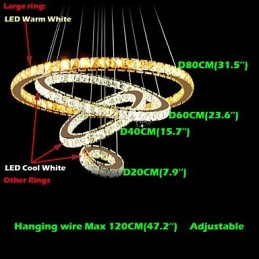 Lustre suspendu en cristal K9 transparent, 4 anneaux ronds, grand anneau (blanc chaud), autre (blanc froid)