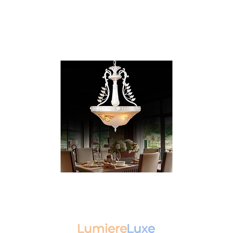 Suspension blanche à trois lumières avec abat-jour en verre doré à la main, style rétro européen classique