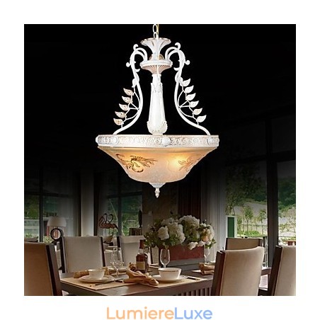 Suspension blanche à trois lumières avec abat-jour en verre doré à la main, style rétro européen classique Suspension blanche à trois lumières avec abat-jour en verre doré à la main, style rétro européen classique