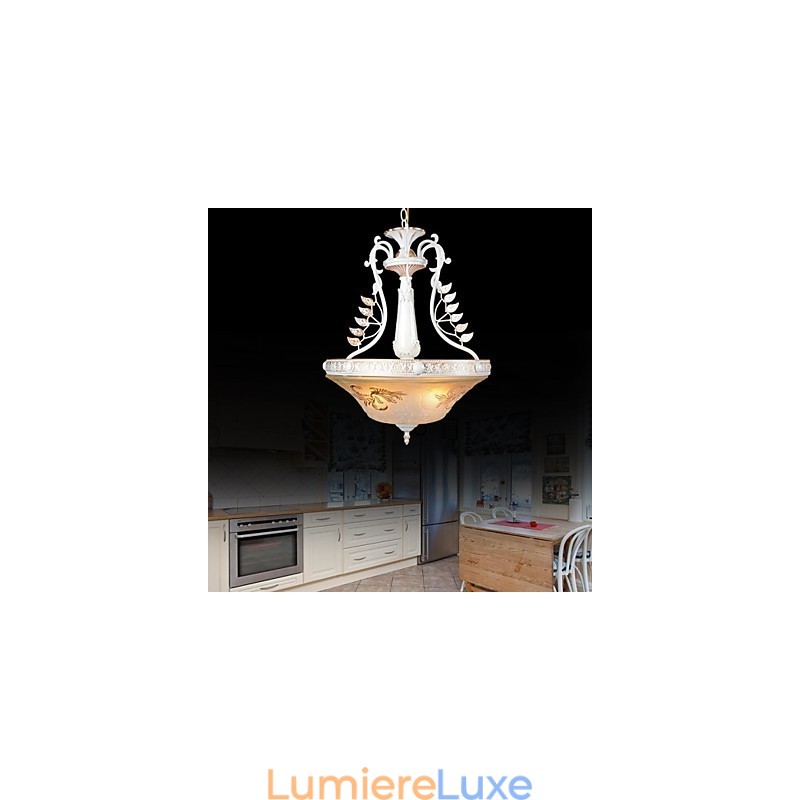 Suspension blanche à trois lumières avec abat-jour en verre doré à la main, style rétro européen classique