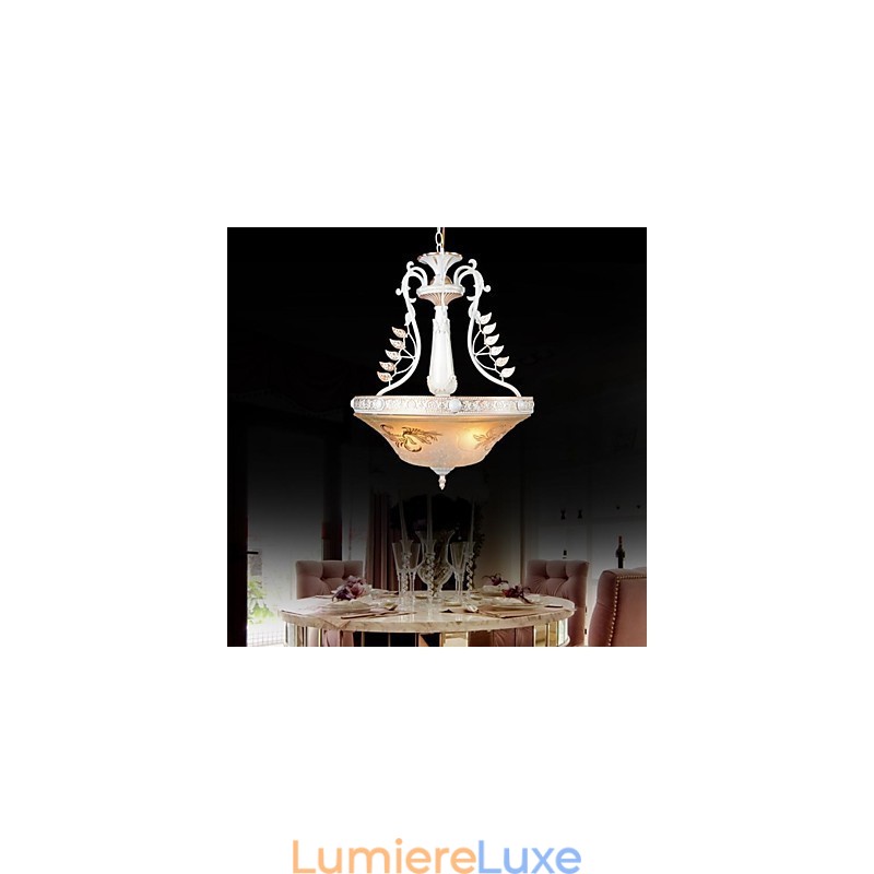 Suspension blanche à trois lumières avec abat-jour en verre doré à la main, style rétro européen classique