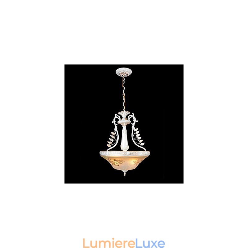 Suspension blanche à trois lumières avec abat-jour en verre doré à la main, style rétro européen classique