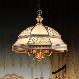 Suspension en laiton à six lumières, style vintage, entièrement cuivrée et en verre
