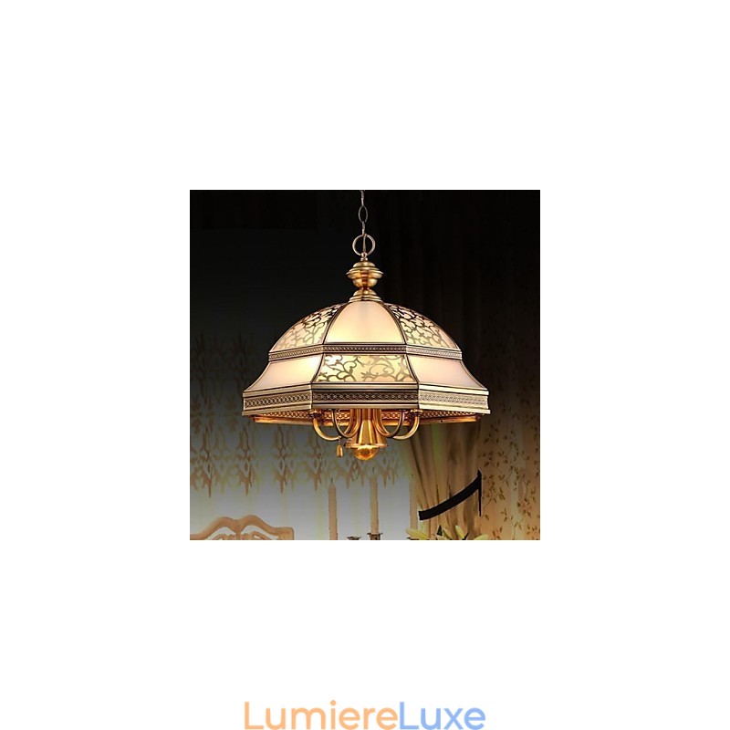 Suspension en laiton à six lumières, style vintage, entièrement cuivrée et en verre