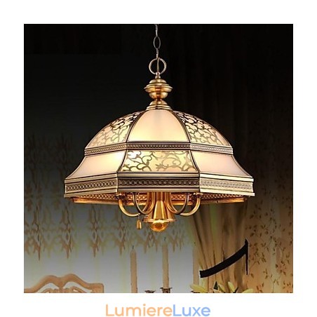 Suspension en laiton à six lumières, style vintage, entièrement cuivrée et en verre Suspension en laiton à six lumières, style vintage, entièrement cuivrée et en verre
