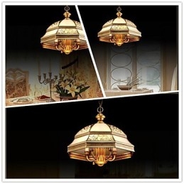 Suspension en laiton à six lumières, style vintage, entièrement cuivrée et en verre