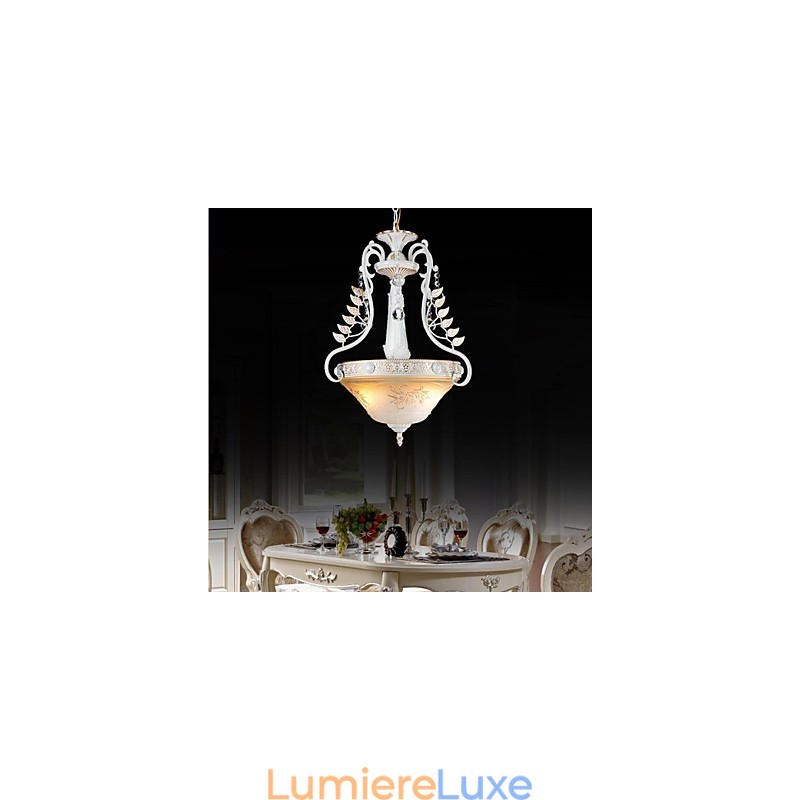 Suspension blanche à deux lumières, abat-jour en verre à motif doré à la main, style rétro européen classique