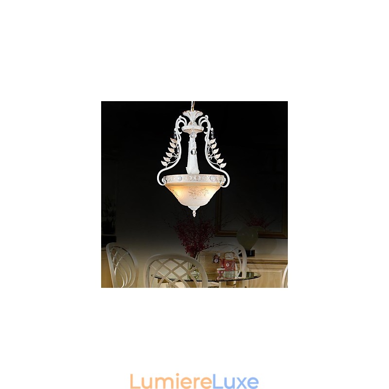 Suspension blanche à deux lumières, abat-jour en verre à motif doré à la main, style rétro européen classique