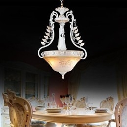 Suspension blanche à deux lumières, abat-jour en verre à motif doré à la main, style rétro européen classique
