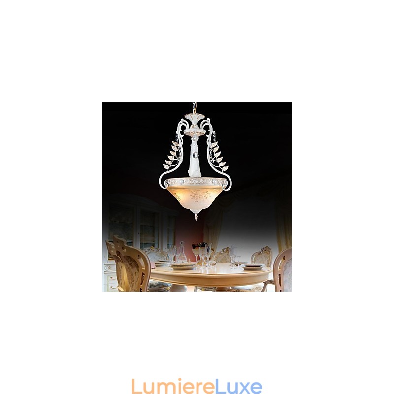 Suspension blanche à deux lumières, abat-jour en verre à motif doré à la main, style rétro européen classique