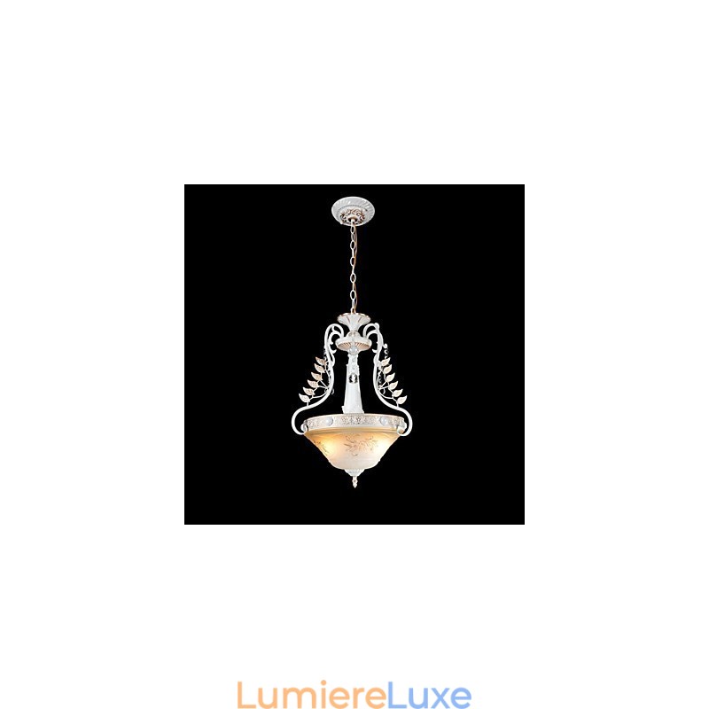 Suspension blanche à deux lumières, abat-jour en verre à motif doré à la main, style rétro européen classique