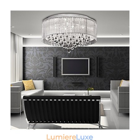 Élégante suspension en cristal à 8 lumières avec abat-jour cylindrique Élégante suspension en cristal à 8 lumières avec abat-jour cylindrique