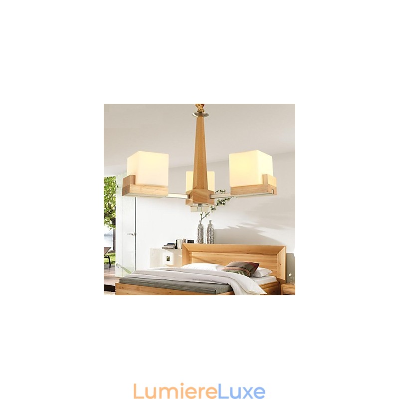 Suspension en chêne à trois lumières en chêne et verre