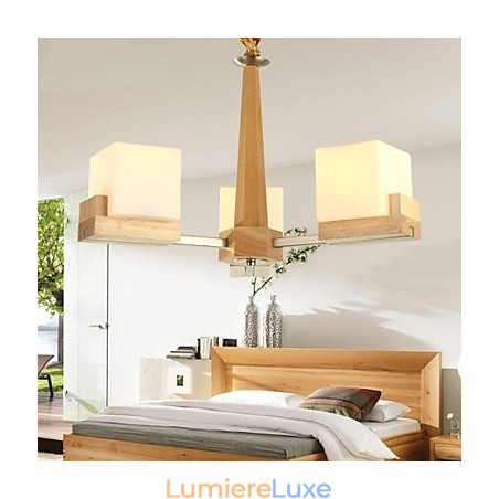 Suspension en chêne à trois lumières en chêne et verre Suspension en chêne à trois lumières en chêne et verre