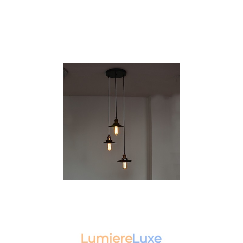 Suspension vintage à 3 lumières avec abat-jour en fer