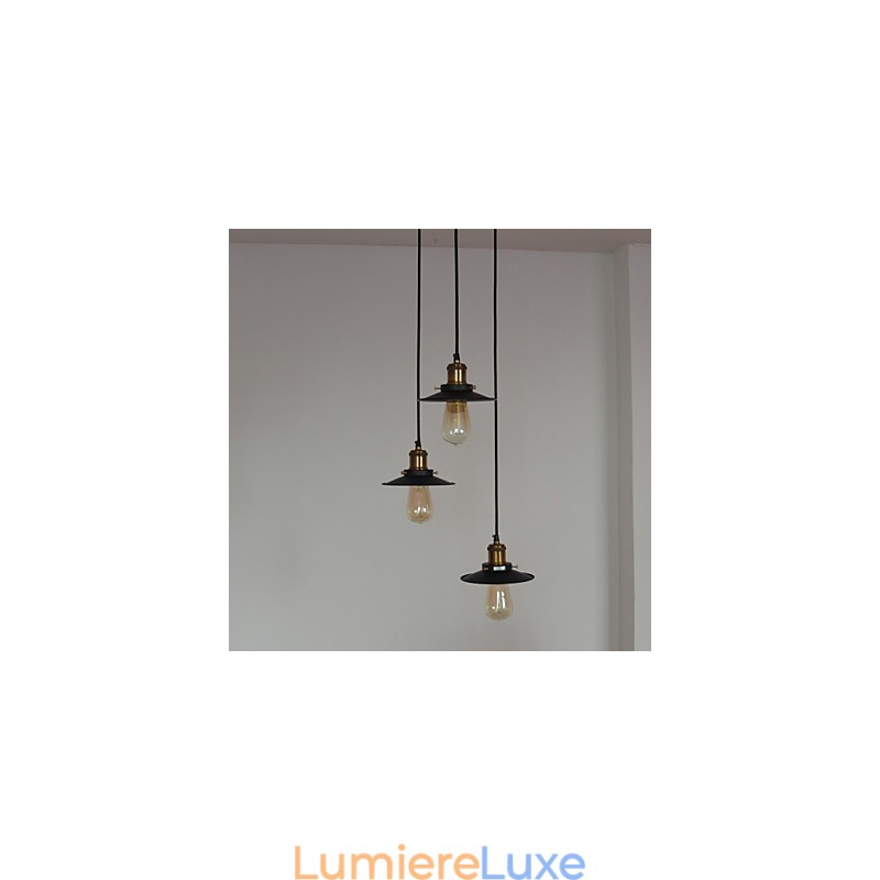 Suspension vintage à 3 lumières avec abat-jour en fer