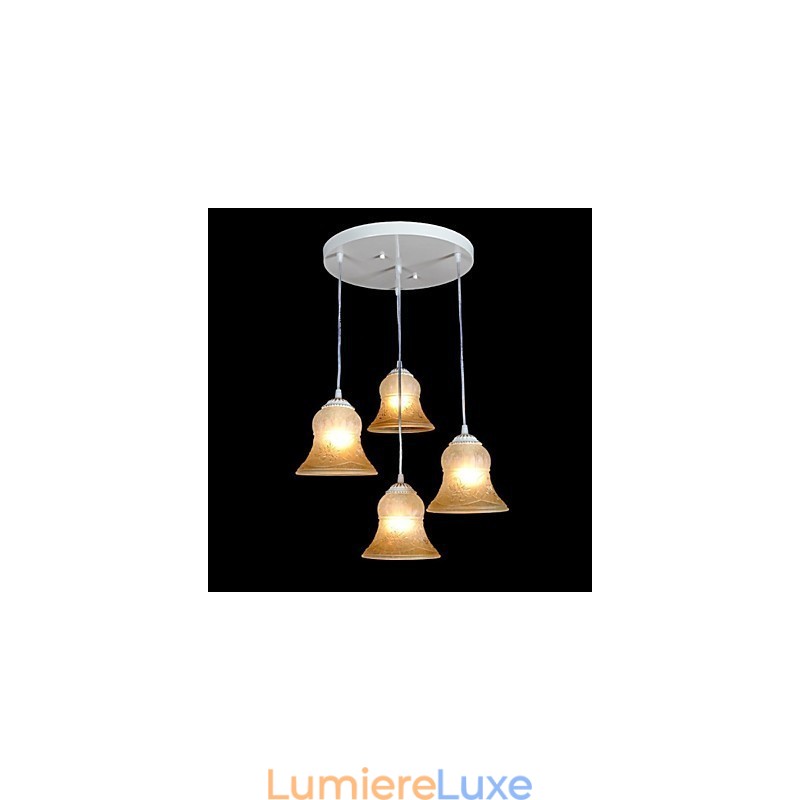 Suspension blanche à quatre lumières avec abat-jour en verre doré à la main, style rétro européen classique