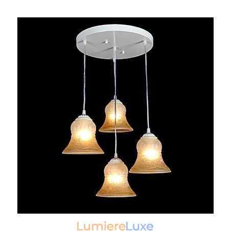 Suspension blanche à quatre lumières avec abat-jour en verre doré à la main, style rétro européen classique Suspension blanche à quatre lumières avec abat-jour en verre doré à la main, style rétro européen classique