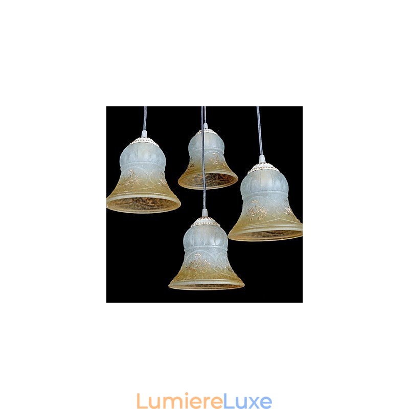 Suspension blanche à quatre lumières avec abat-jour en verre doré à la main, style rétro européen classique