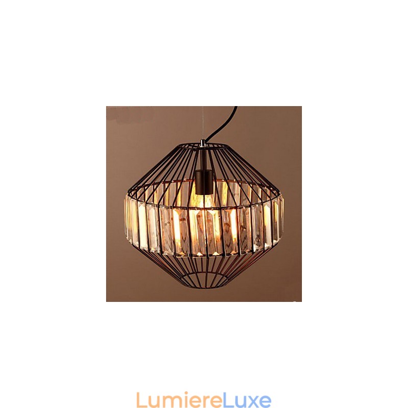 Lustre vintage en cristal en forme de cage à oiseaux en fer forgé