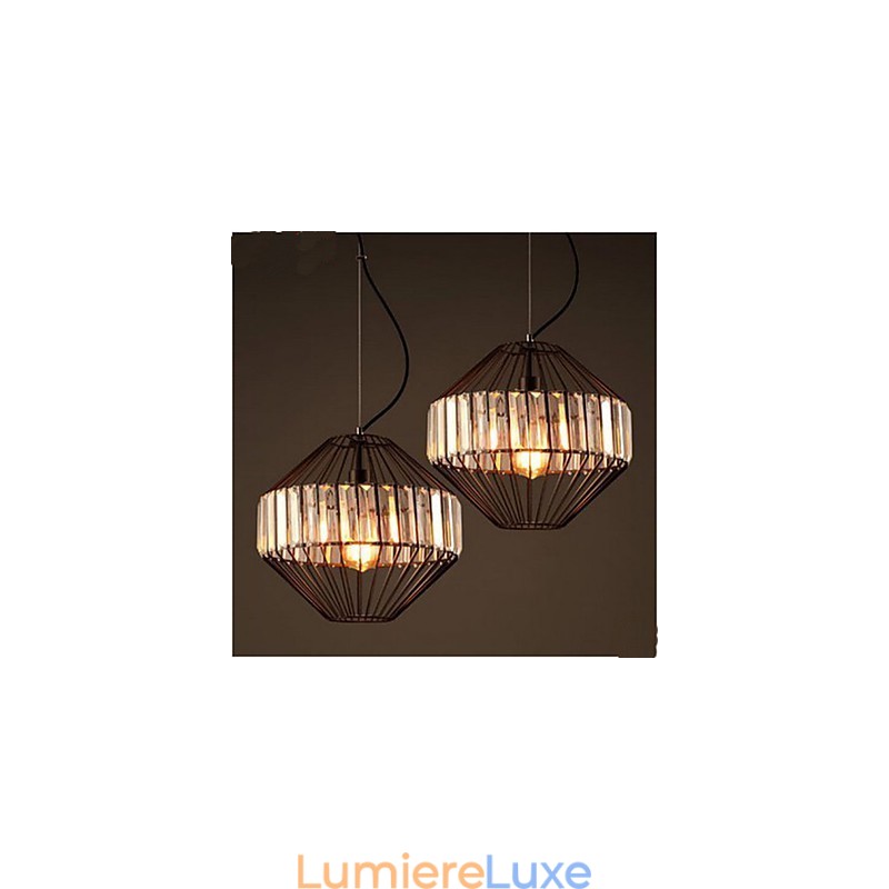 Lustre vintage en cristal en forme de cage à oiseaux en fer forgé