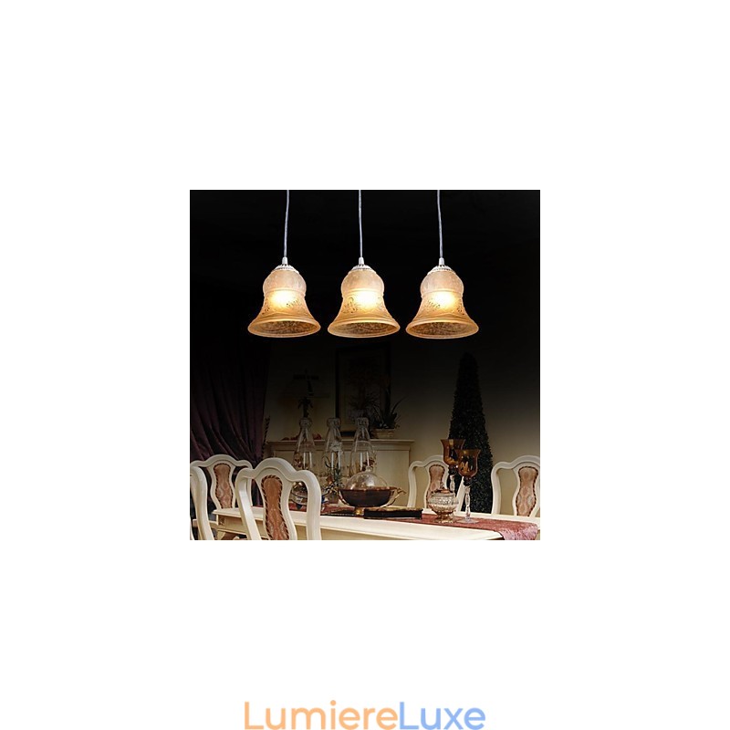 Suspension blanche à trois lumières avec abat-jour en verre doré à la main, style rétro européen classique